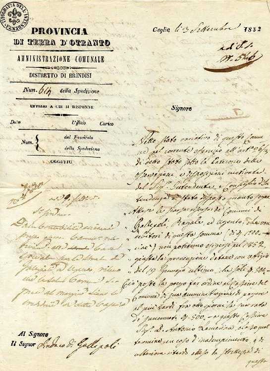 Corrispondenza al sindaco di Gallipoli - Ceglie 3 settembre 1852